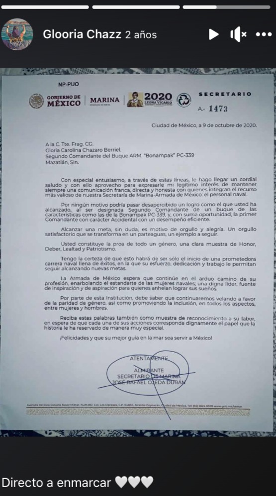Orgullosa de sus logros, la teniente Gloria Cházaro compartió una imagen de la carta que recibió del Almirante Secretario Rafael Ojeda 
